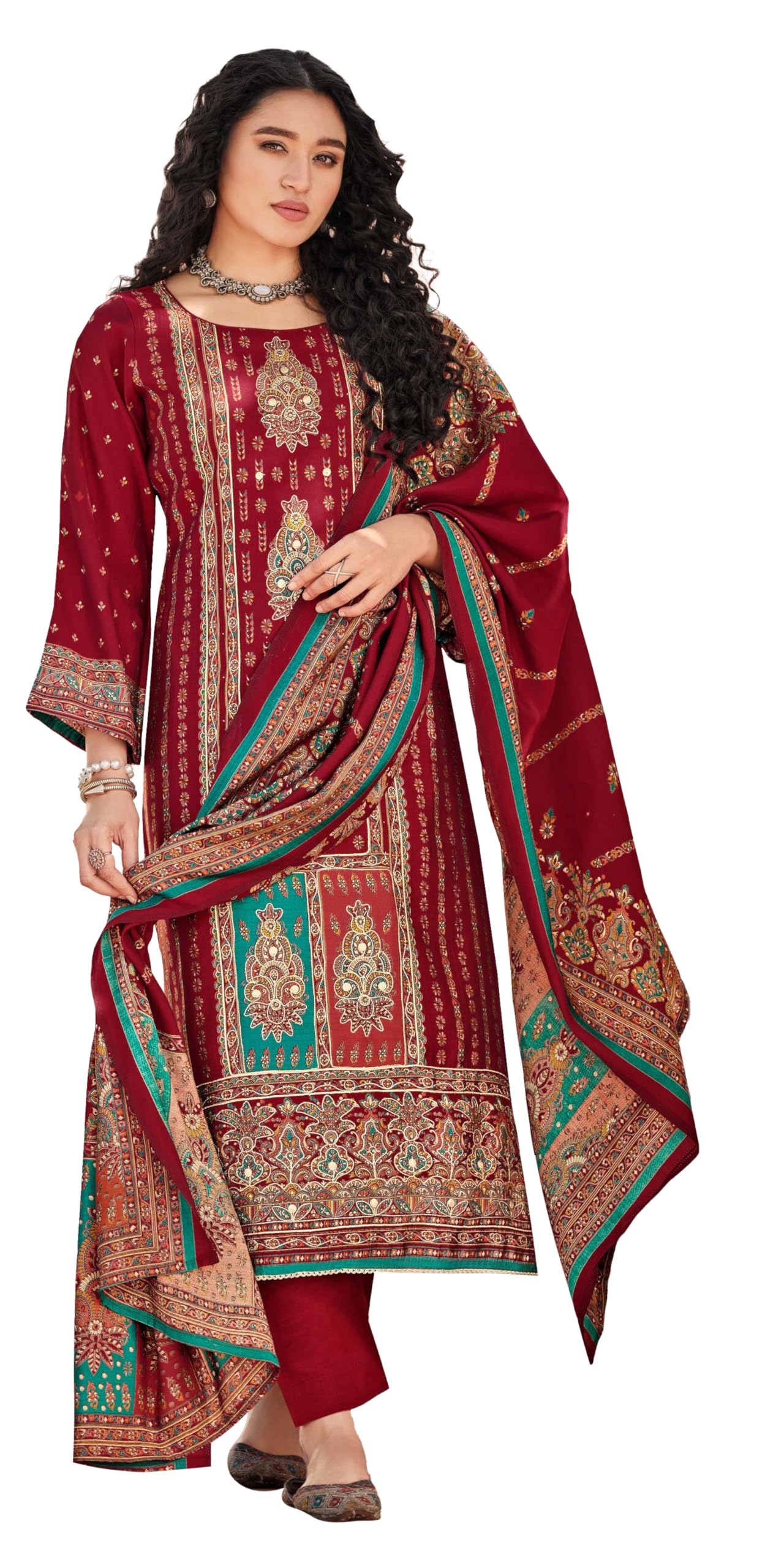 DRAVINAM Trends Women's Unstitched Pure Maslin Digital Foil Printed Pakistani Embroidered Suit Dress Material with Unstitched Maslin Bottoms and Maslin Dupatta