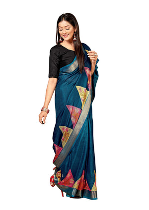 DRAVINAM Trends Women's Khadi Linen Saree With Un-stitched Blouse (SareePe_4_Blue & Black)