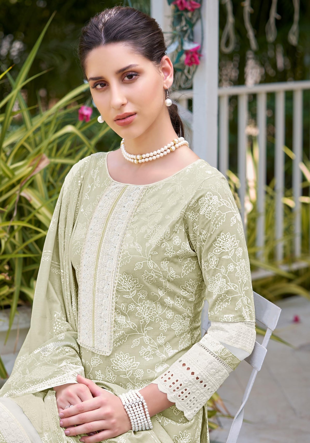 DRAVINAM Trends Women's Pure Cambric Cotton Printed Lace Work Unstitched Summer Ladies Suit Dress Material with Unstitched Cotton Bottoms and Cotton Printed Dupatta