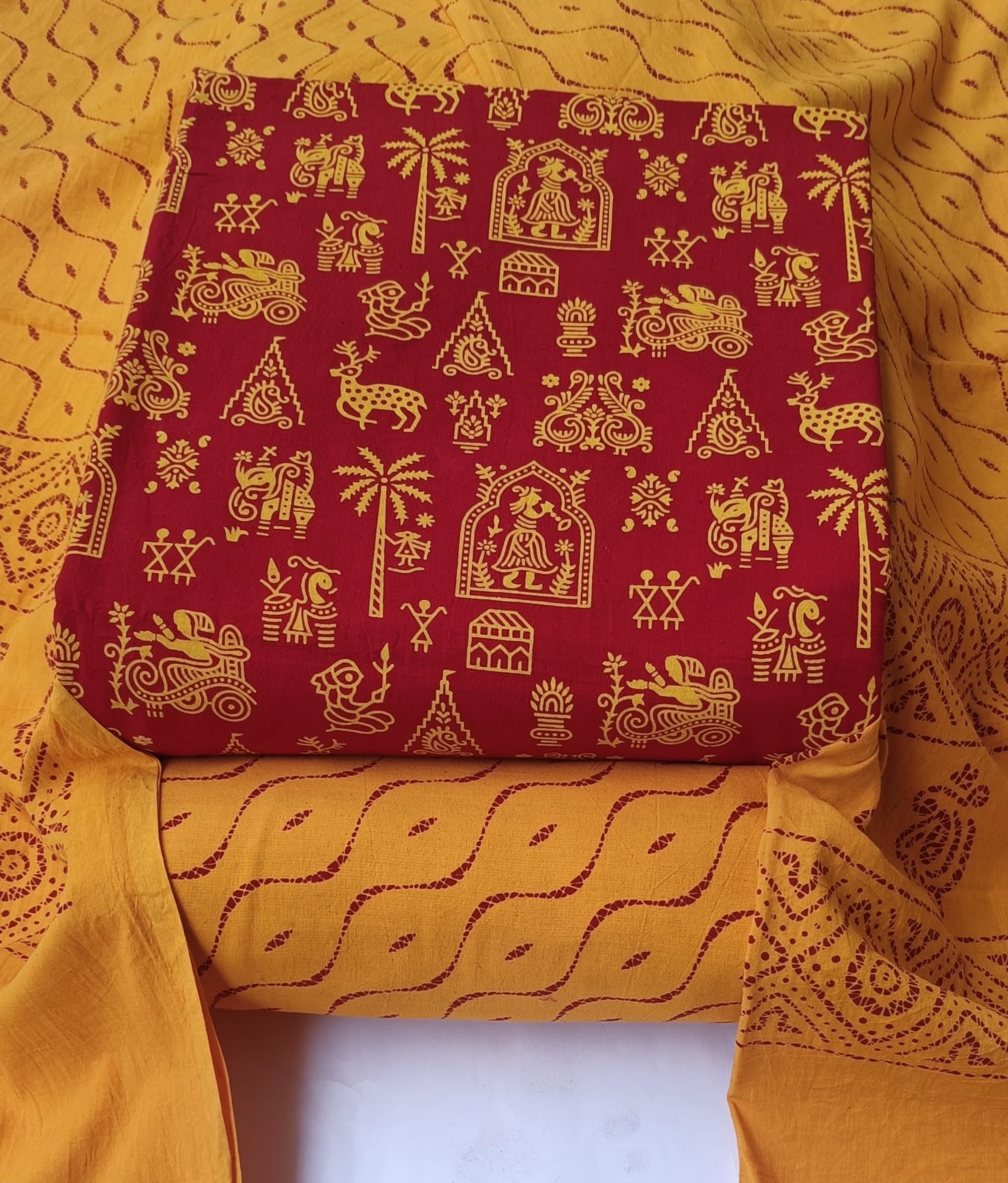 DRAVINAM Trends Women's Premium Cotton Unstitched Salwar Suit Dress Material Set | Traditional Rajasthani Gujari Block Print (Red & Mustard Yellow)