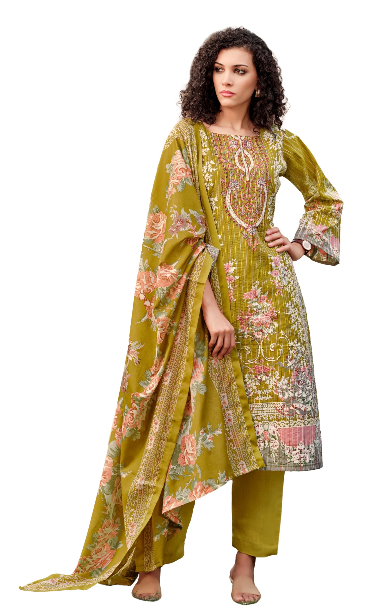 DRAVINAM Trends Women's Unstitched Pure Cotton Suit Dress Material with Heavy Lining Embroidered | Stylish Pure Cotton Print Dupatta & Solid Bottoms