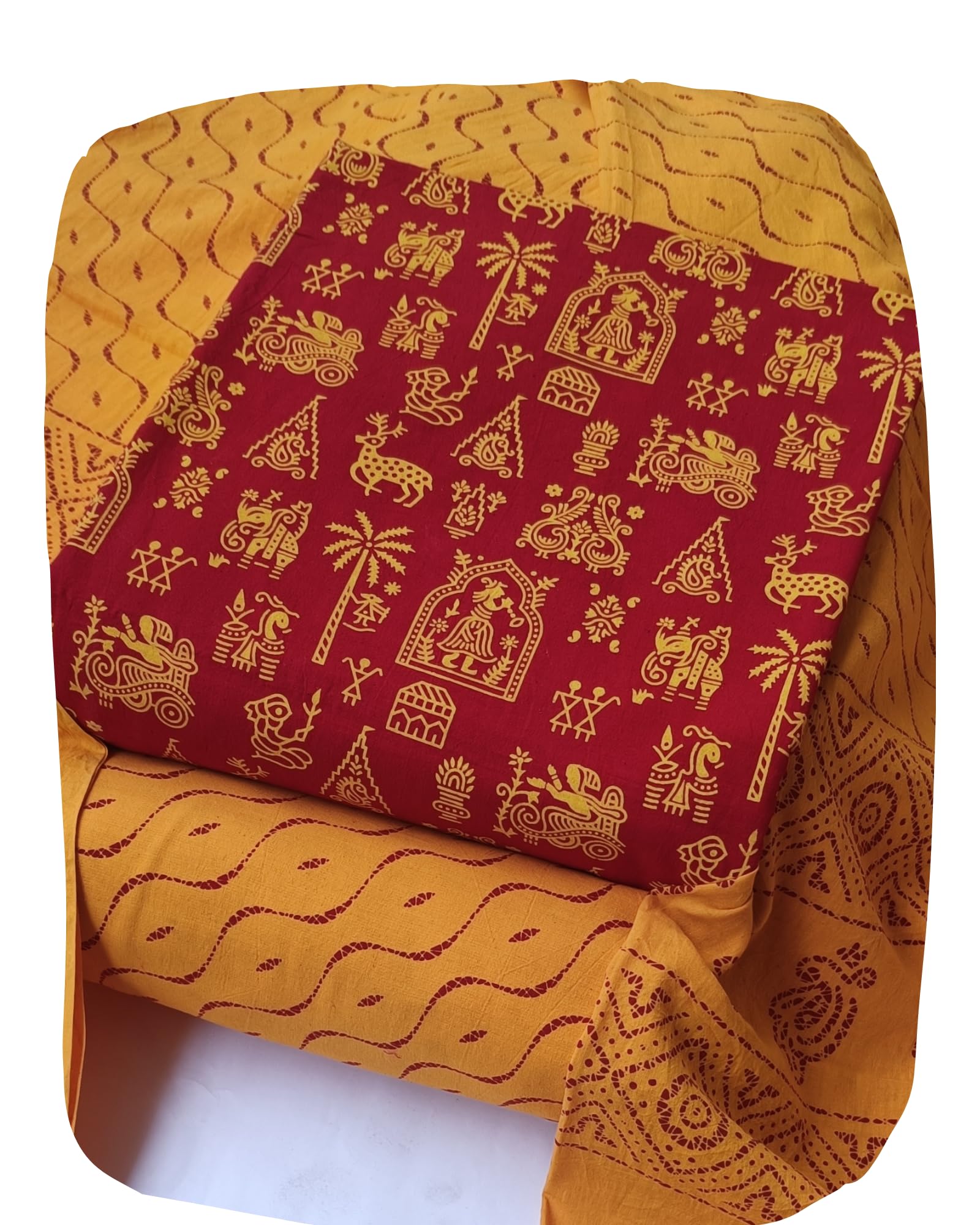 DRAVINAM Trends Women's Premium Cotton Unstitched Salwar Suit Dress Material Set | Traditional Rajasthani Gujari Block Print (Red & Mustard Yellow)