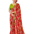 DRAVINAM Trends Women's Pure Georgette Floral Print saree with Lace Borders and Solid Blouse Piece (Red and Green)