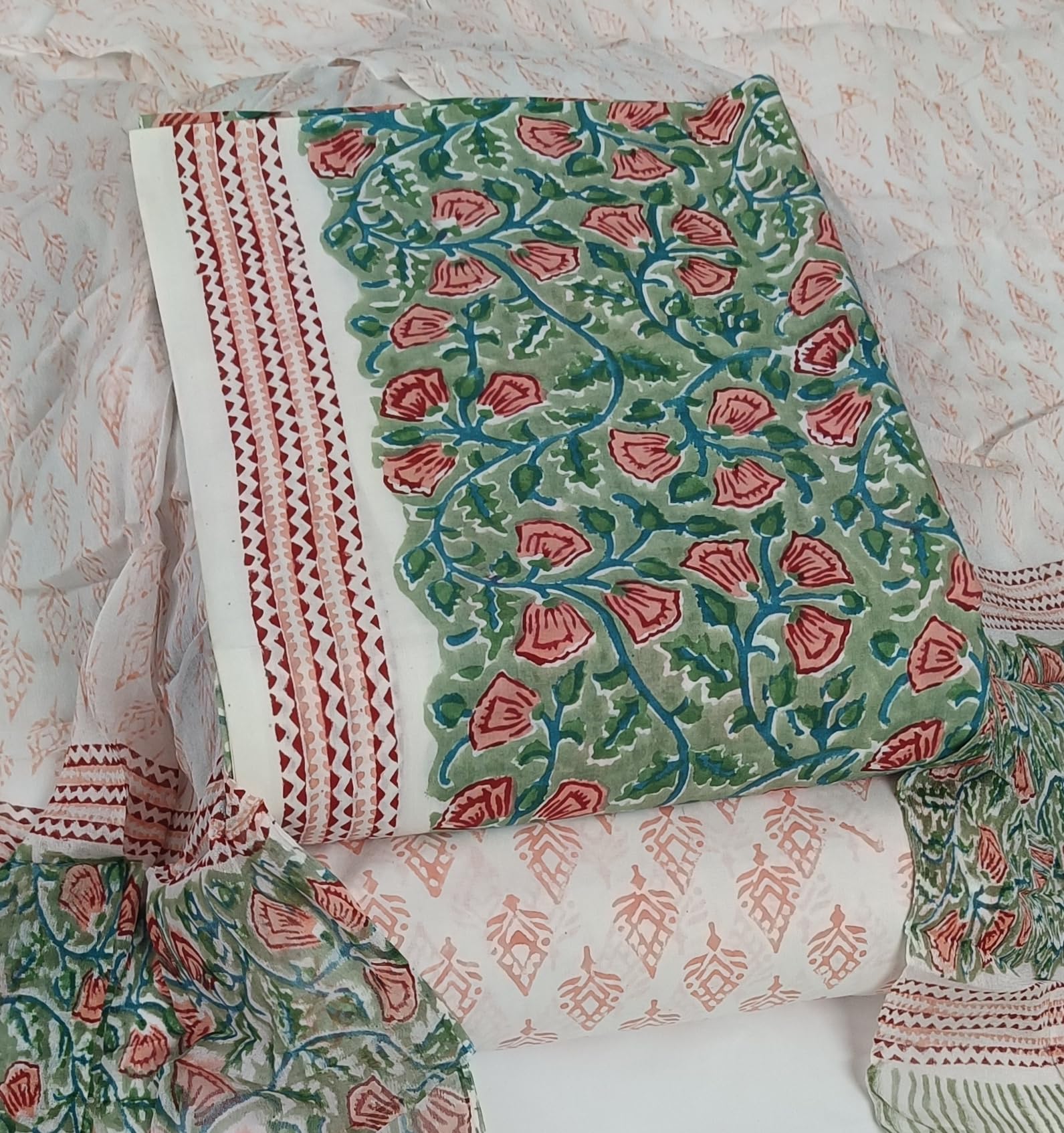 DRAVINAM Trends Hand Block Print Pure Cambric Cotton Unstitched Suit Material with Chiffon Hand Printed Dupatta
