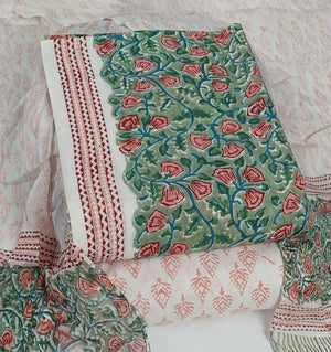DRAVINAM Trends Hand Block Print Pure Cambric Cotton Unstitched Suit Material with Chiffon Hand Printed Dupatta