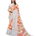 DRAVINAM Trends Women's Soft Pure Cotton Printed White Saree with Silver Jacquard Border and Unstitched Blouse Piece