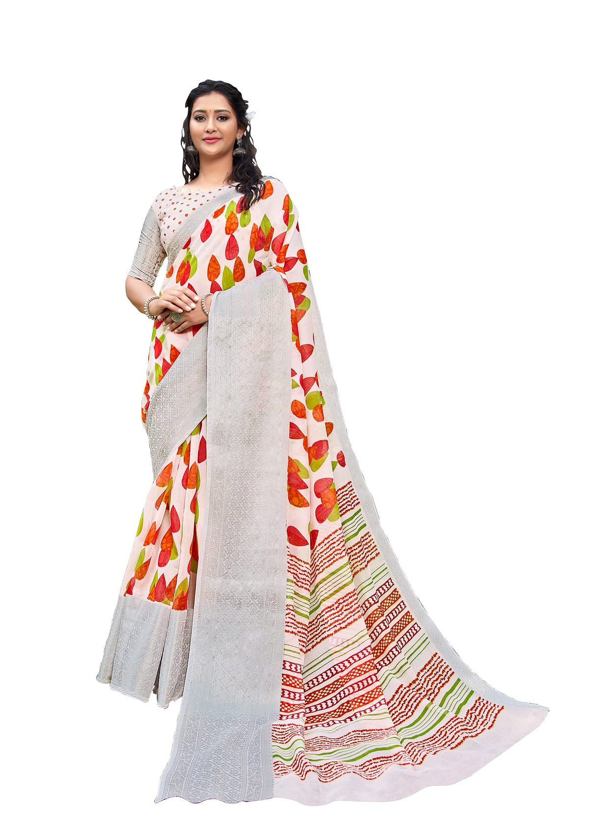 DRAVINAM Trends Women's Soft Pure Cotton Printed White Saree with Silver Jacquard Border and Unstitched Blouse Piece