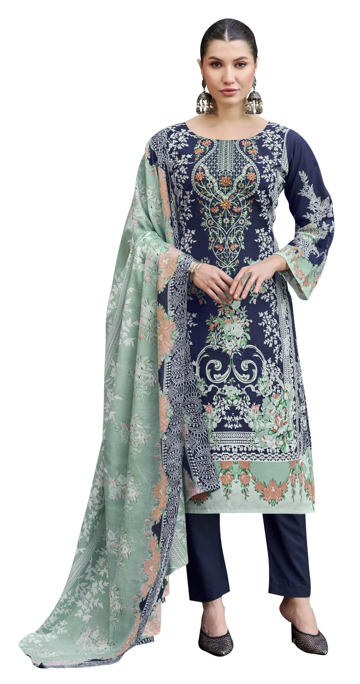 DRAVINAM Trends Women's Unstitched Premium Cotton Suit Material - Soft Cotton Digital Printed Embroidered Kameez II Unstitch Bottoms II Cotton Malmal Printed Dupatta