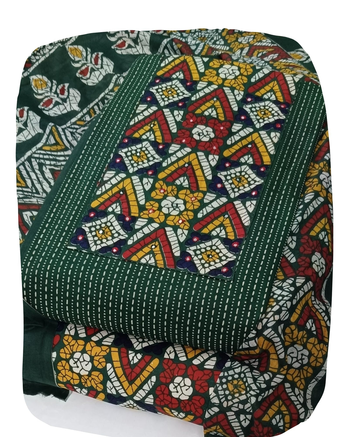 DRAVINAM Trends Women's Unstitched Cambric Cotton Dress Material Salwar Suit Set with Dupatta | Geometric Batik Print & Embellished Neckline (Multicolor)