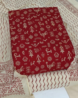 DRAVINAM Trends Women's Premium Cotton Unstitched Salwar Suit Dress Material Set | Traditional Rajasthani Gujari Block Print (Red & Mustard Yellow)