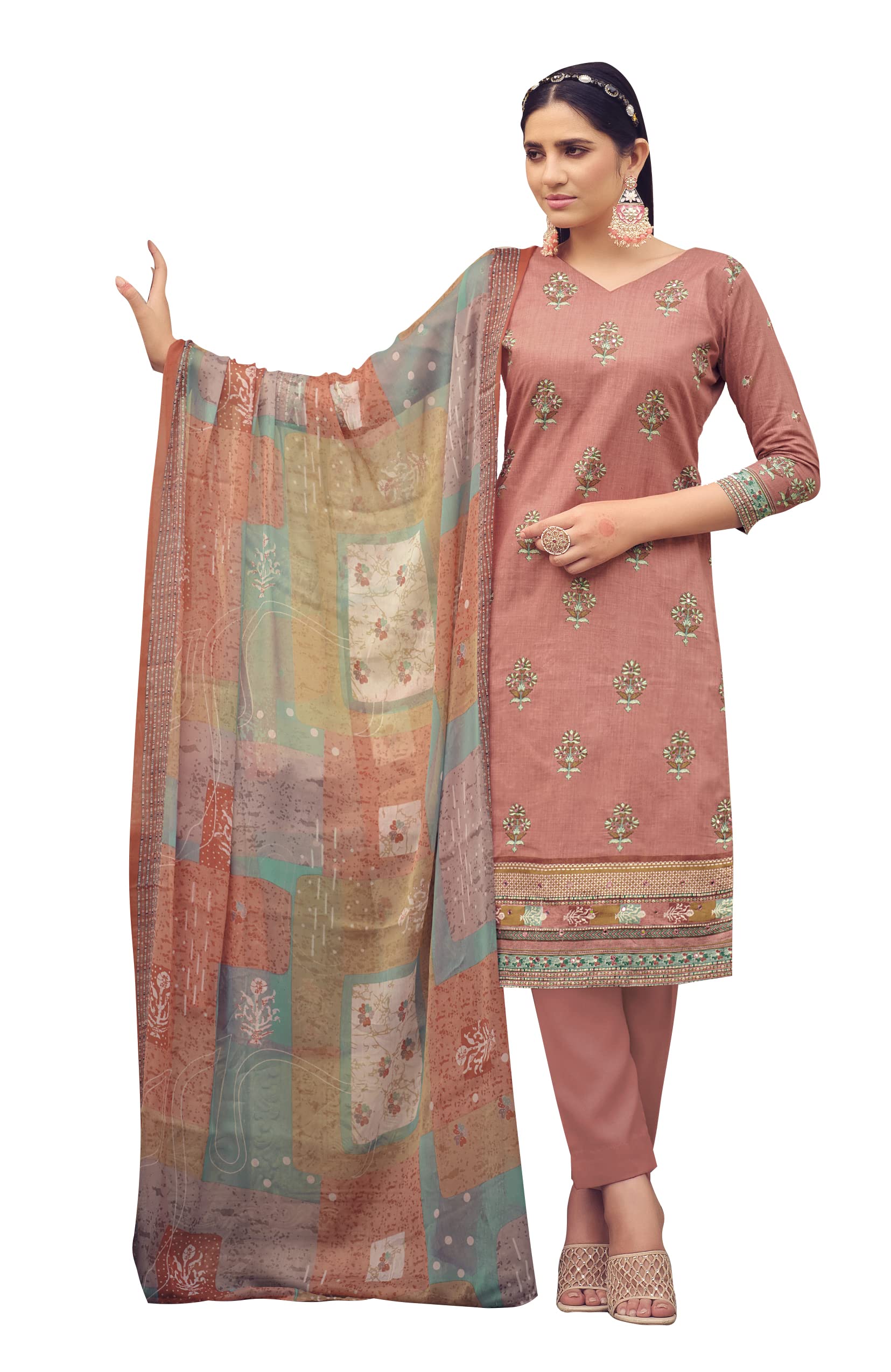 DRAVINAM Trends Unstitched Printed Mirror Work Cotton Salwar Suits Dress Material with Chiffon Dupatta (Green)