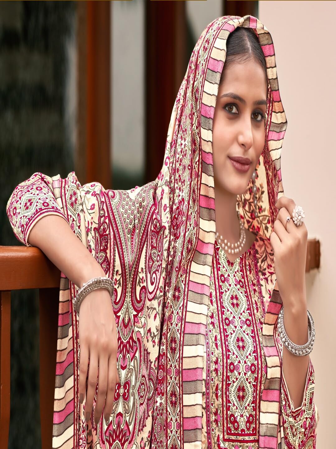 DRAVINAM Trends Women's Unstitched Kashmiri Print Woollen Pashmina Salwar Suit Dress Material with Pashmina Printed Shawl Dupatta (Free Size) (Grey)