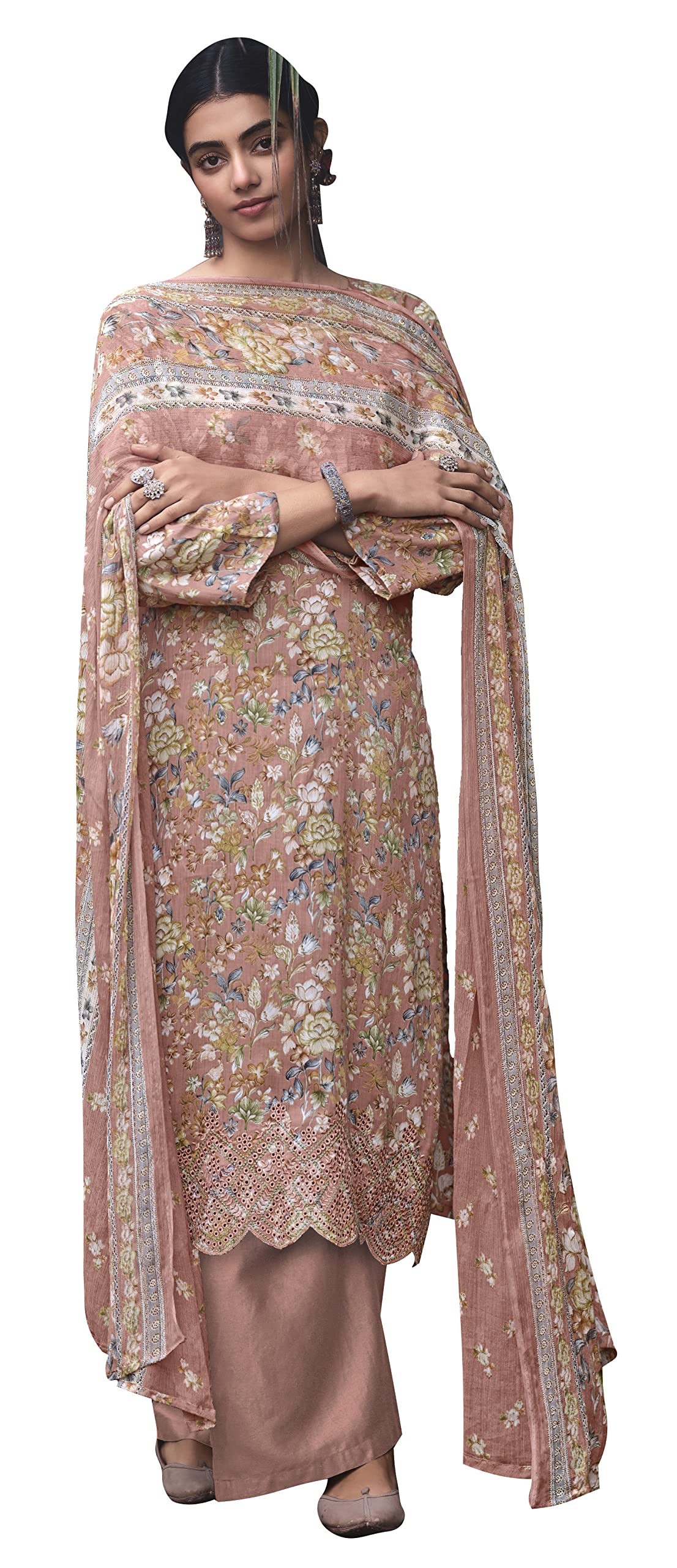 DRAVINAM Trends Unstitched Digital Printed Pure Cotton Embroidered Suit Set with Pure Bember Dupatta