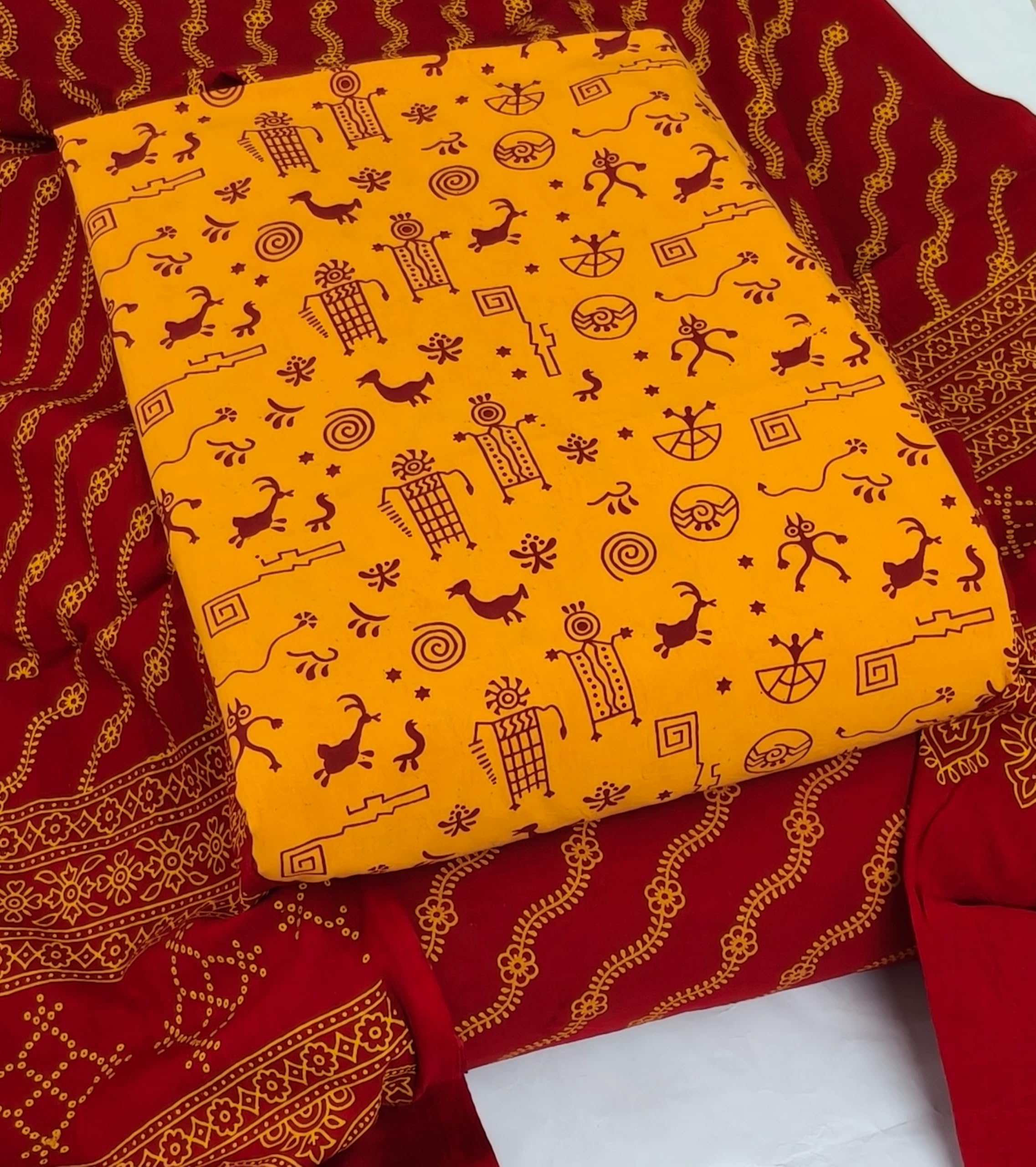 DRAVINAM Trends Women's Premium Cotton Unstitched Salwar Suit Dress Material Set | Traditional Rajasthani Gujari Block Print (Red & Mustard Yellow)