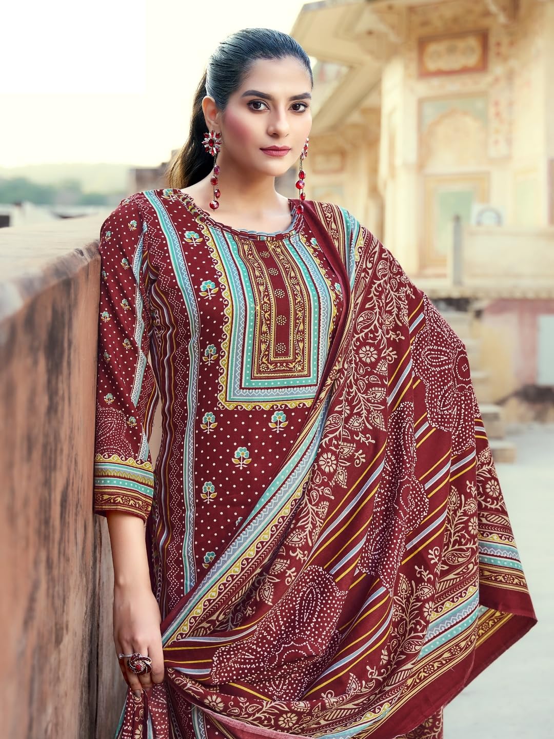 DRAVINAM Trends Women's Unstitched Winter Wear Kashmiri Kani Printed Swaroski Work Heavy Woolen Pashmina Salwar Suit Dress Material with Twill Printed Shawl Dupatta