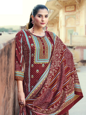 DRAVINAM Trends Women's Unstitched Winter Wear Kashmiri Kani Printed Swaroski Work Heavy Woolen Pashmina Salwar Suit Dress Material with Twill Printed Shawl Dupatta