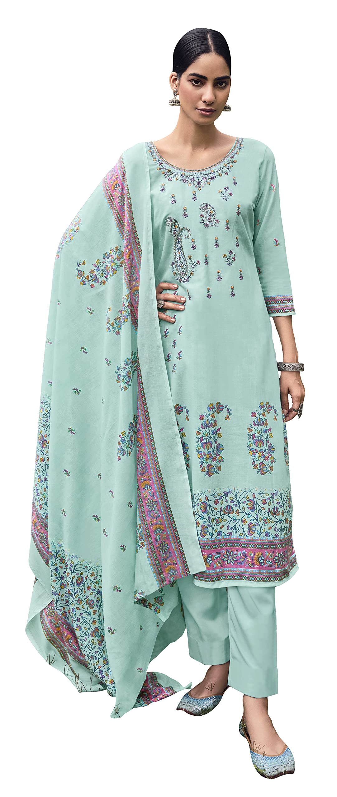 DRAVINAM Trends Unstitched Printed Embroidery Work Pure Cotton Salwar Suits Dress Material with Cotton Dupatta (Beige)