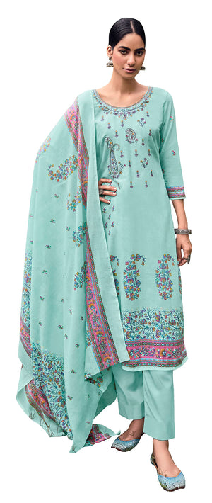DRAVINAM Trends Unstitched Printed Embroidery Work Pure Cotton Salwar Suits Dress Material with Cotton Dupatta (Beige)