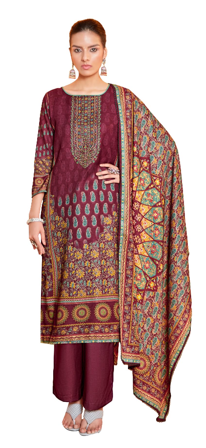 Women's Swaroski Work Unstitched Digital Printed Embroidered Winter Woollen Pashmina Salwar Suit Dress Material with Woolen Shawl Dupatta