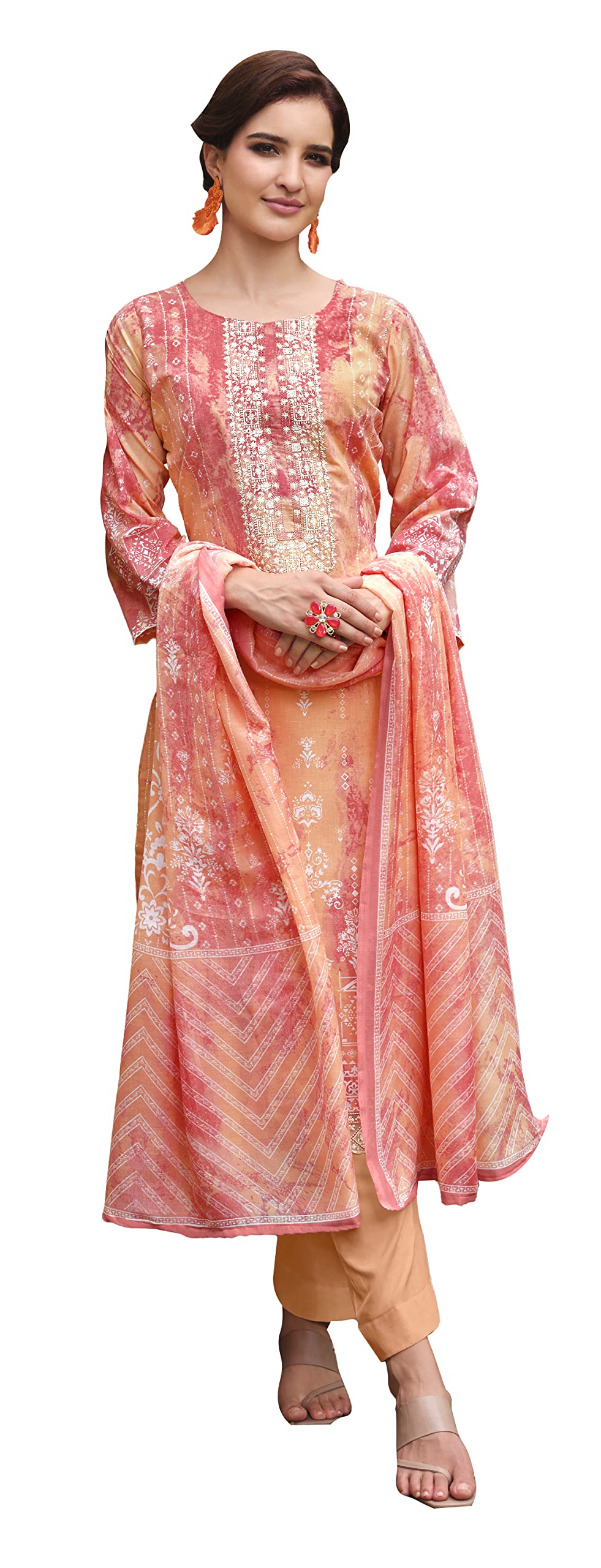 DRAVINAM Trends Unstitched Printed Embroidered Lace Work Cotton Salwar Suits Dress Material with Cotton Dupatta