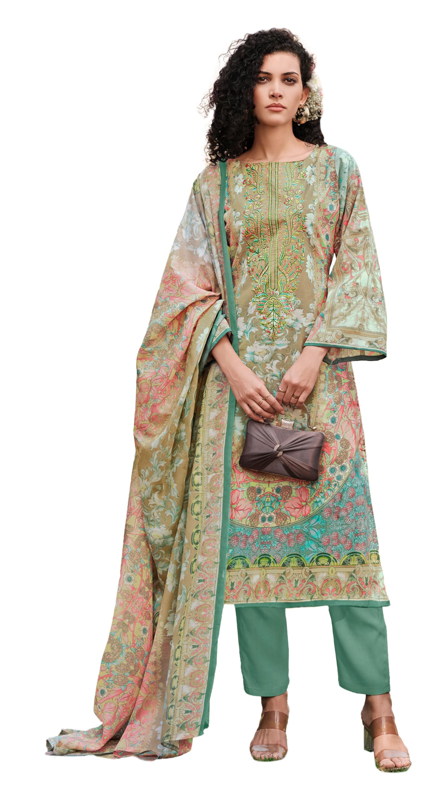 DRAVINAM Trends Women's Pure Cotton Embroidered Unstitched Salwar Suit Dress Material - Pure Cotton Print with Heavy Embroidery Kameez | Cotton Bottom |Pure Cotton Mal Mal Print Dupatta