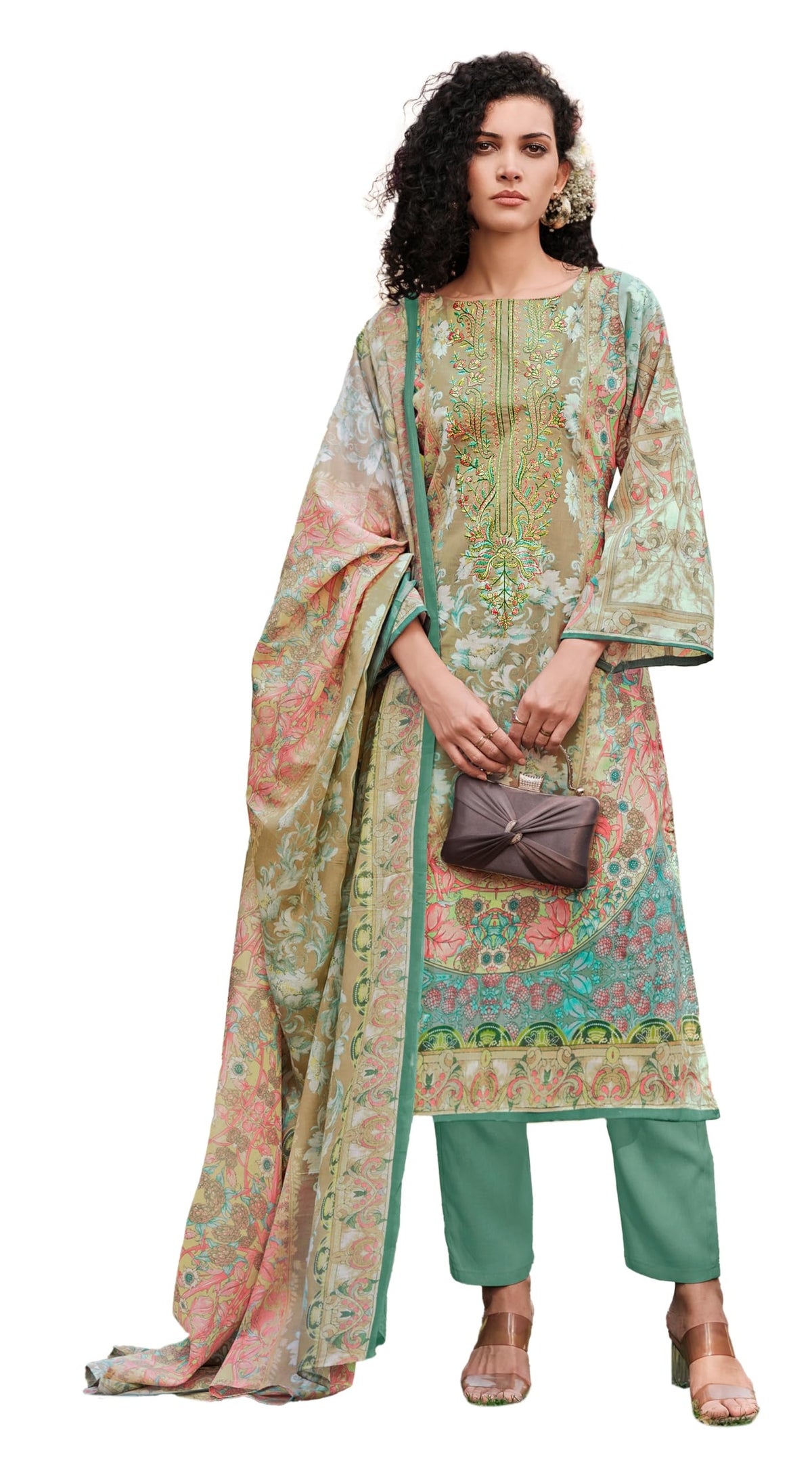DRAVINAM Trends Women's Unstitched Salwar Suit Dress Material - Cotton Digital Printed Organza Embroidered Kameez II Unstitch Bottoms II Cotton Dupatta