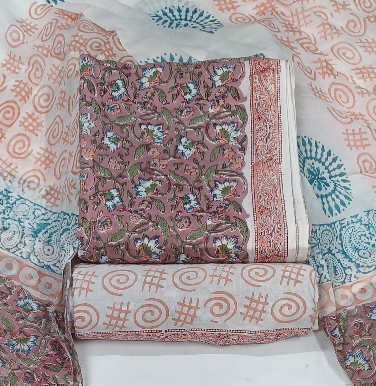 DRAVINAM Trends Hand Block Print Sanganeri Cambric Unstitched Cotton Suit Dress Material for Women with Mulmul Cotton Hand Printed Dupatta