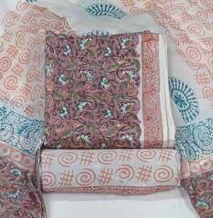 DRAVINAM Trends Hand Block Print Sanganeri Cambric Unstitched Cotton Suit Dress Material for Women with Mulmul Cotton Hand Printed Dupatta