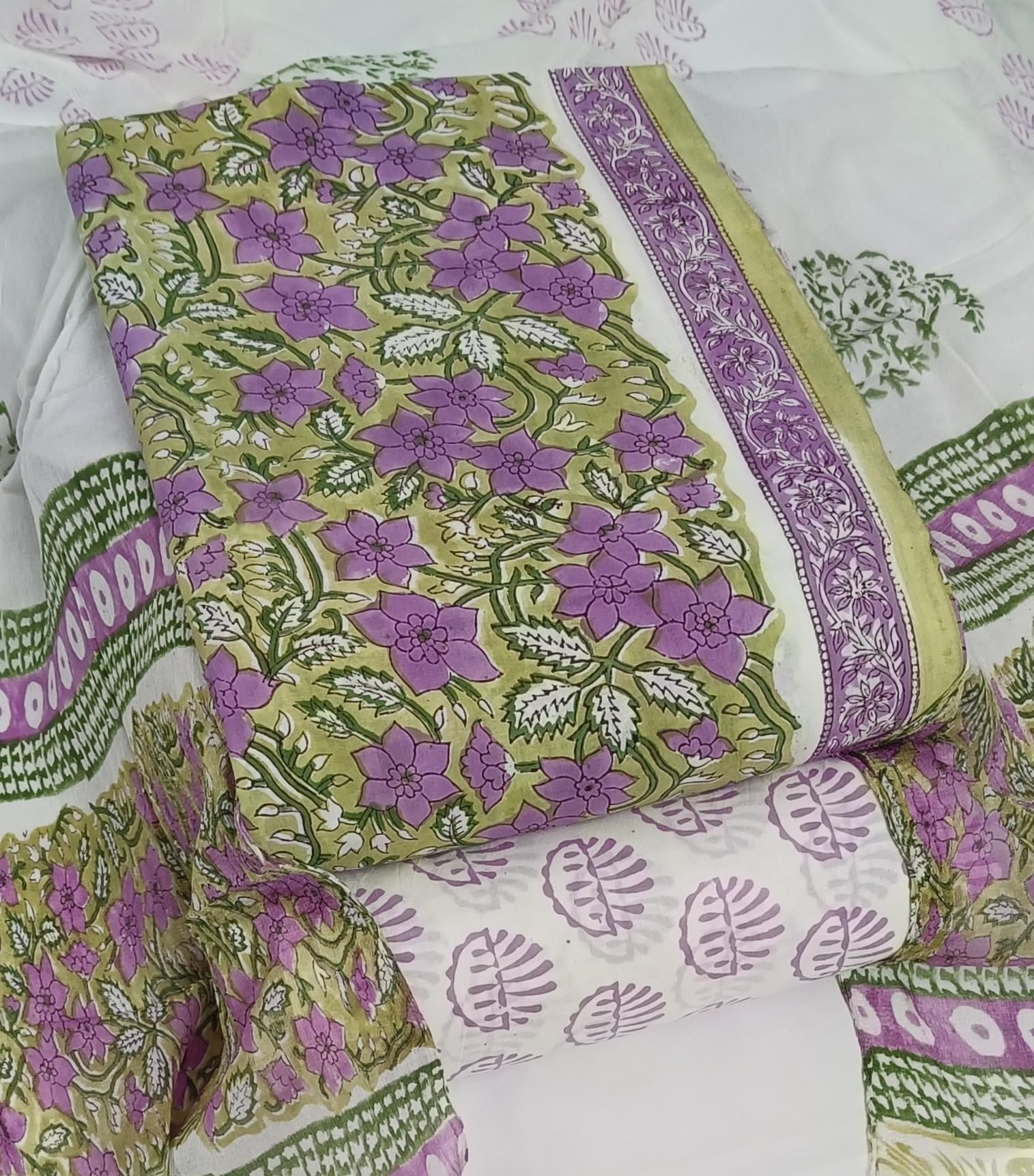 DRAVINAM Trends Hand Block Print Cambric Cotton Unstitched Salwar Suit Set for Women with Pure Chiffon Hand Printed Dupatta