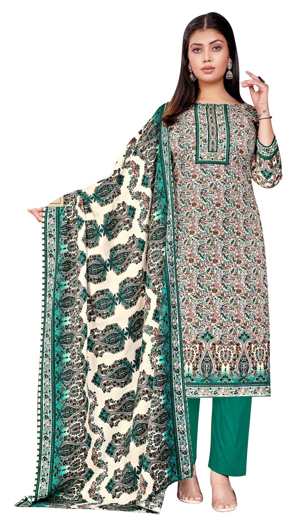 DRAVINAM Trends Women's Kashmiri Kani Printed Woolen Pashmina Unstitch Salwar Suit Dress Material with Printed Woolen Warm Shawl Dupatta