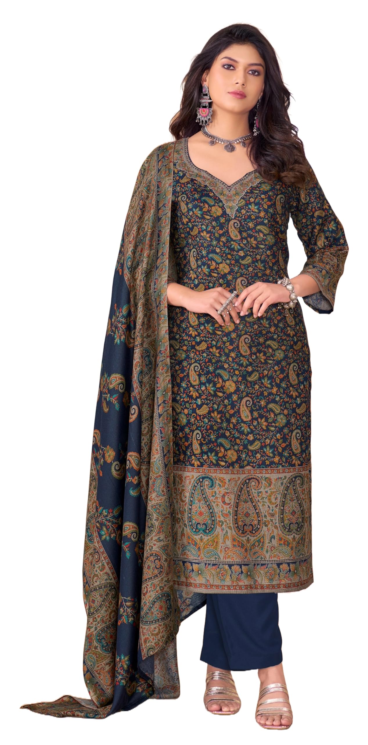 DRAVINAM Trends Women's Unstitched Winter Wear Kashmiri Kani Printed Swaroski Work Heavy Woolen Pashmina Salwar Suit Dress Material with Printed Shawl Dupatta