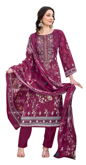 DRAVINAM Trends Women's Unstitched Salwar Suit Dress Material - Cotton Digital Printed Organza Embroidered Kameez II Unstitch Bottoms II Cotton Dupatta