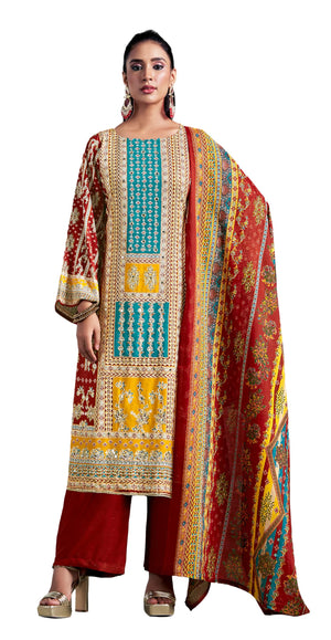 DRAVINAM Trends Women's Unstitched Embroidered Suit Dress Material - Heavy Viscose Rayon Printed Top with Fancy Hand Embroidery (2.5m), Rayon Bottom (2.8m), Cotton Dupatta (2.25m)