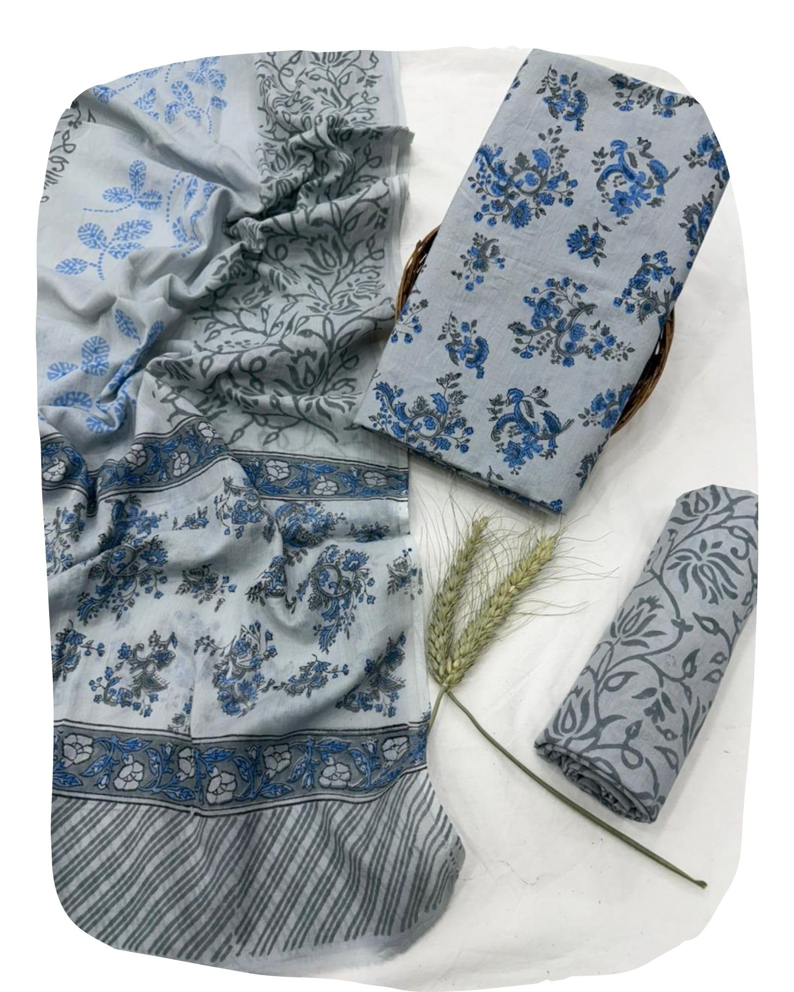 DRAVINAM Trends Hand Block Print Jaipuri Cambric Unstitched Cotton Suit Dress Material for Women with Mulmul Cotton Hand Printed Dupatta
