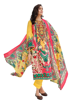 DRAVINAM Trends Women's Lawn Cotton Pakistani Embroidered Suit Dress Material with Unstitched Bottoms and Cotton Dupatta