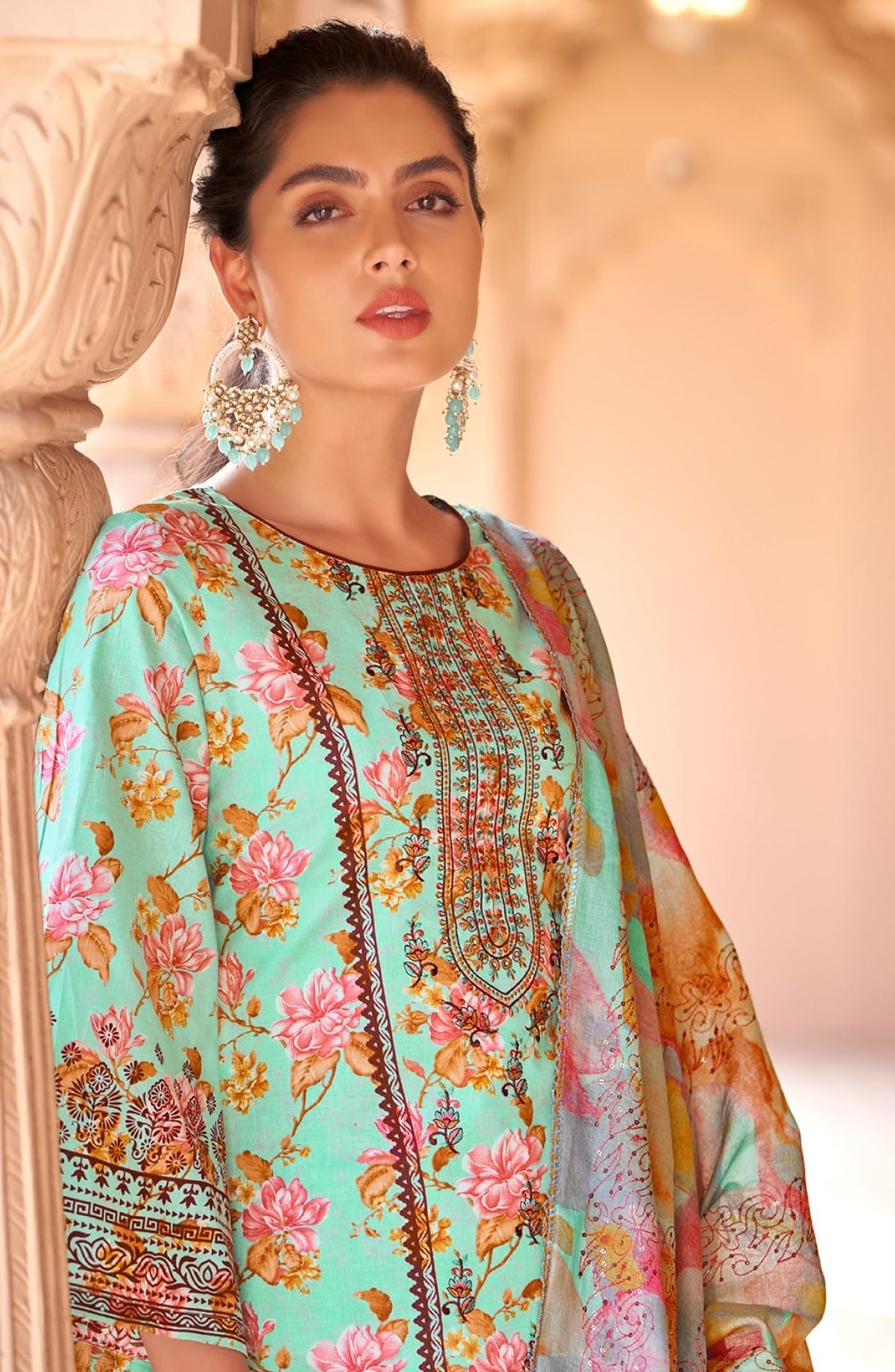 Elegant Unstitched Pure Cambric Cotton Suit Material with Neck & Daman Embroidery | Swarovski Diamond Work | Cotton Dyed Bottoms & Fancy Embroidered Mal Mal Dupatta