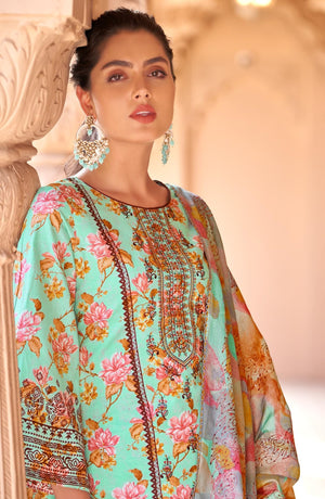 Elegant Unstitched Pure Cambric Cotton Suit Material with Neck & Daman Embroidery | Swarovski Diamond Work | Cotton Dyed Bottoms & Fancy Embroidered Mal Mal Dupatta
