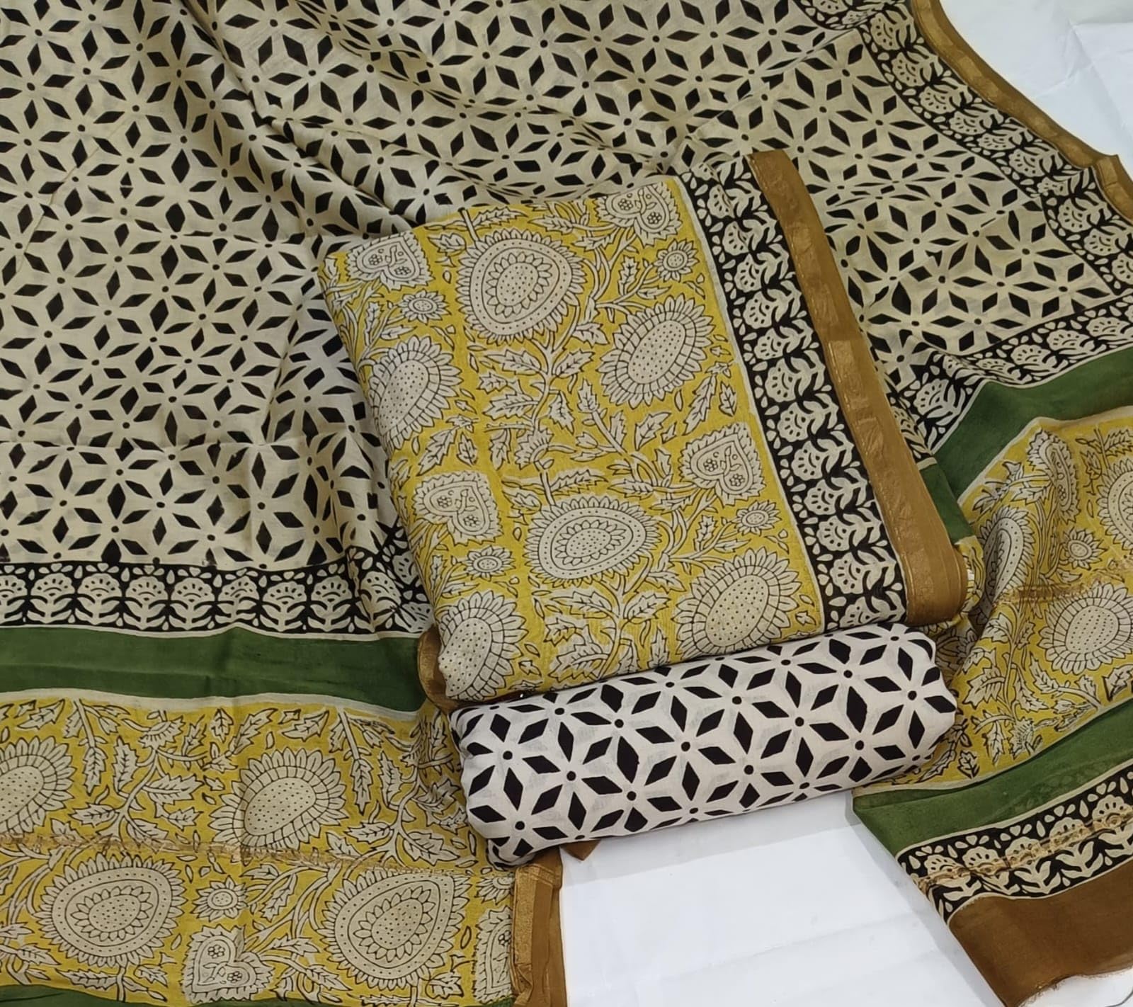 Women's Elegant Beige and Black Chanderi Block Printed Unstitched Salwar Suit Dress Material with Cotton Bottom & Zari Border Dupatta