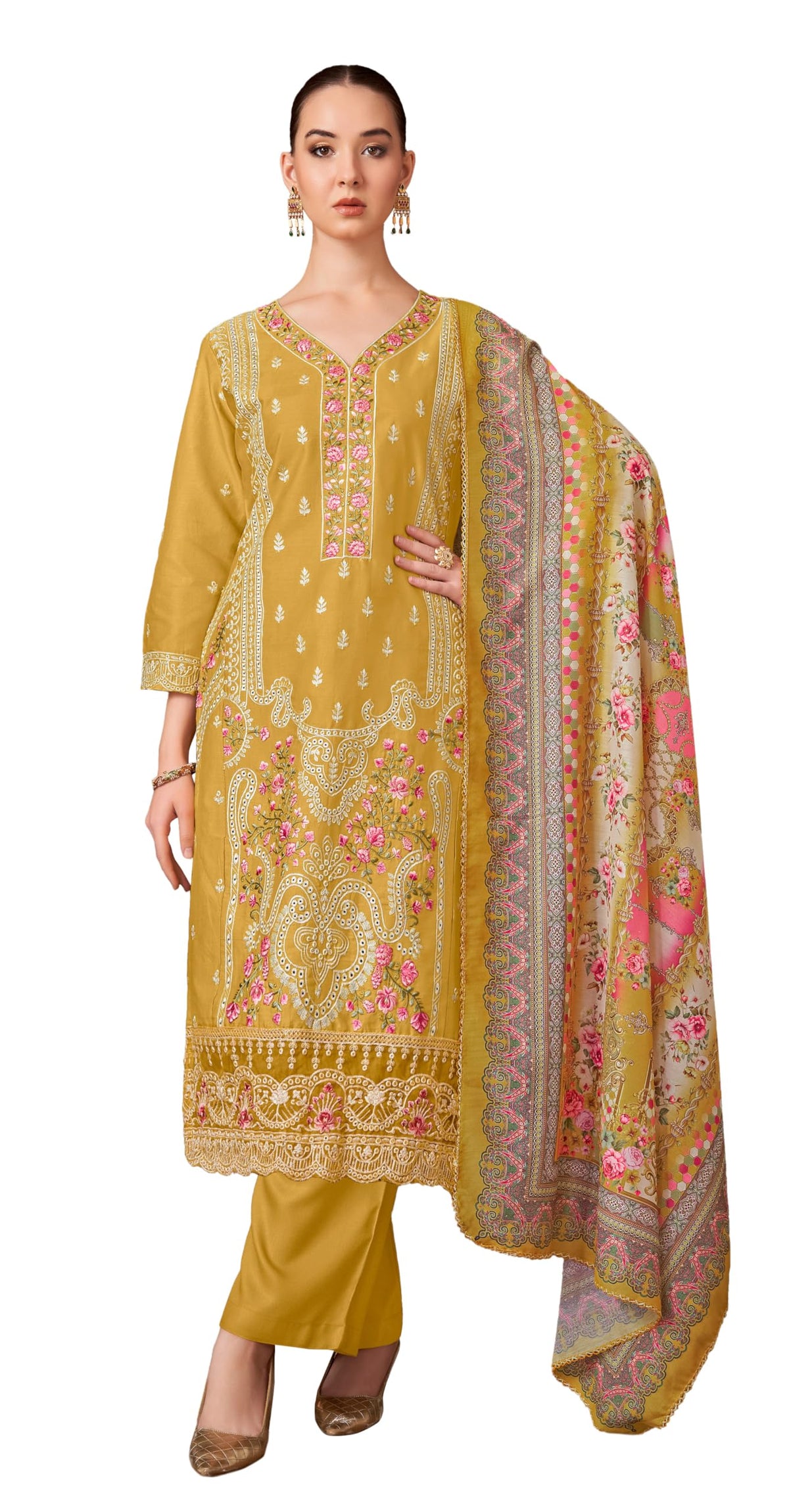 DRAVINAM Trends Women's Exquisite Unstitched Viscose Jam Cotton Suit Dress Material with Embroidered Daman & Sleeves | Stylish Pure Cotton Digital Print Dupatta & Solid Bottoms