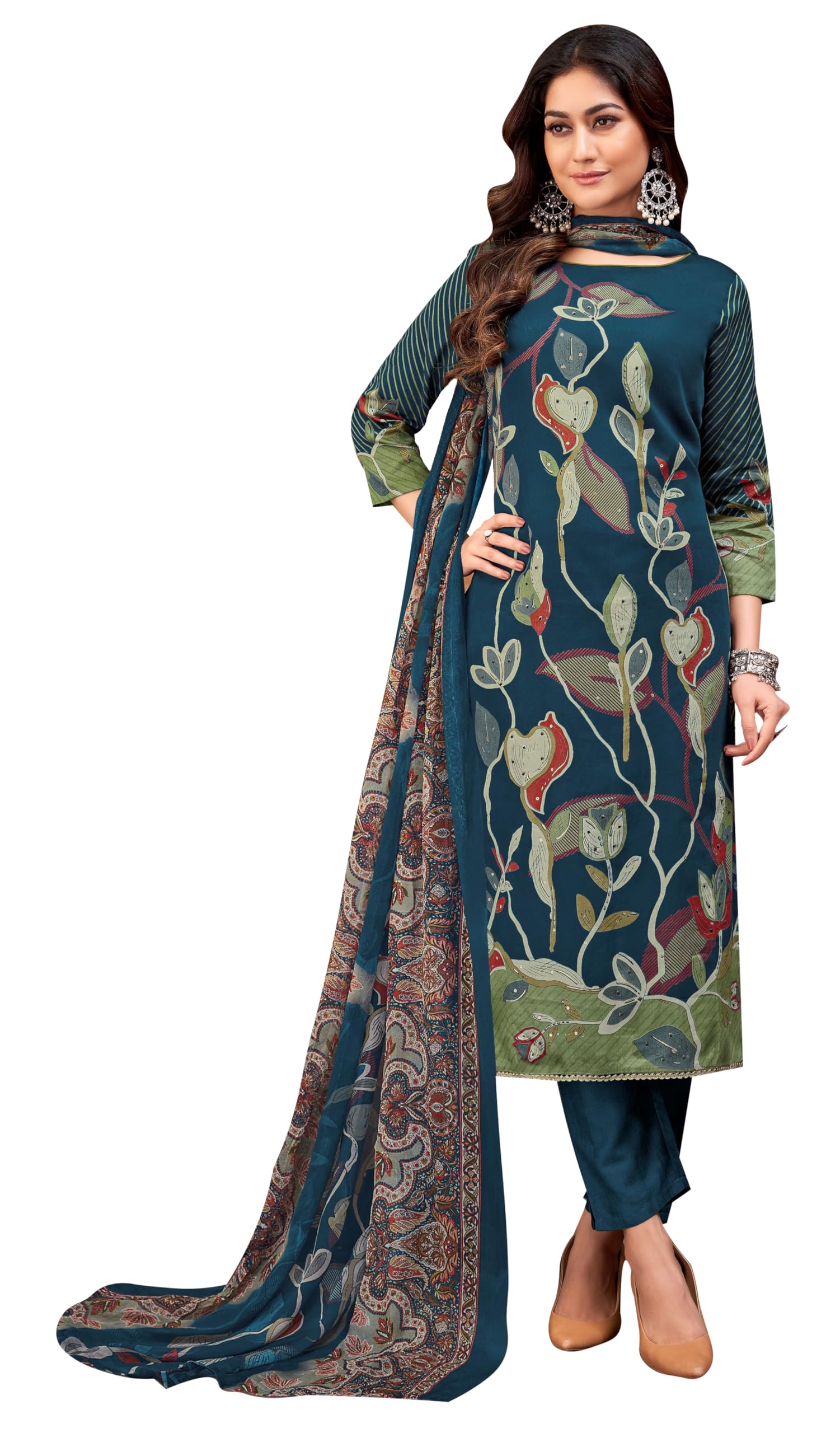 DRAVINAM Trends Women's Viscose Jam Cotton Handwork Unstitched Salwar Suit Dress Material - Pure Jam Discharge Print with Hand work Kameez | Viscose Rayon Bottom |Pure German Bemberg Print Dupatta