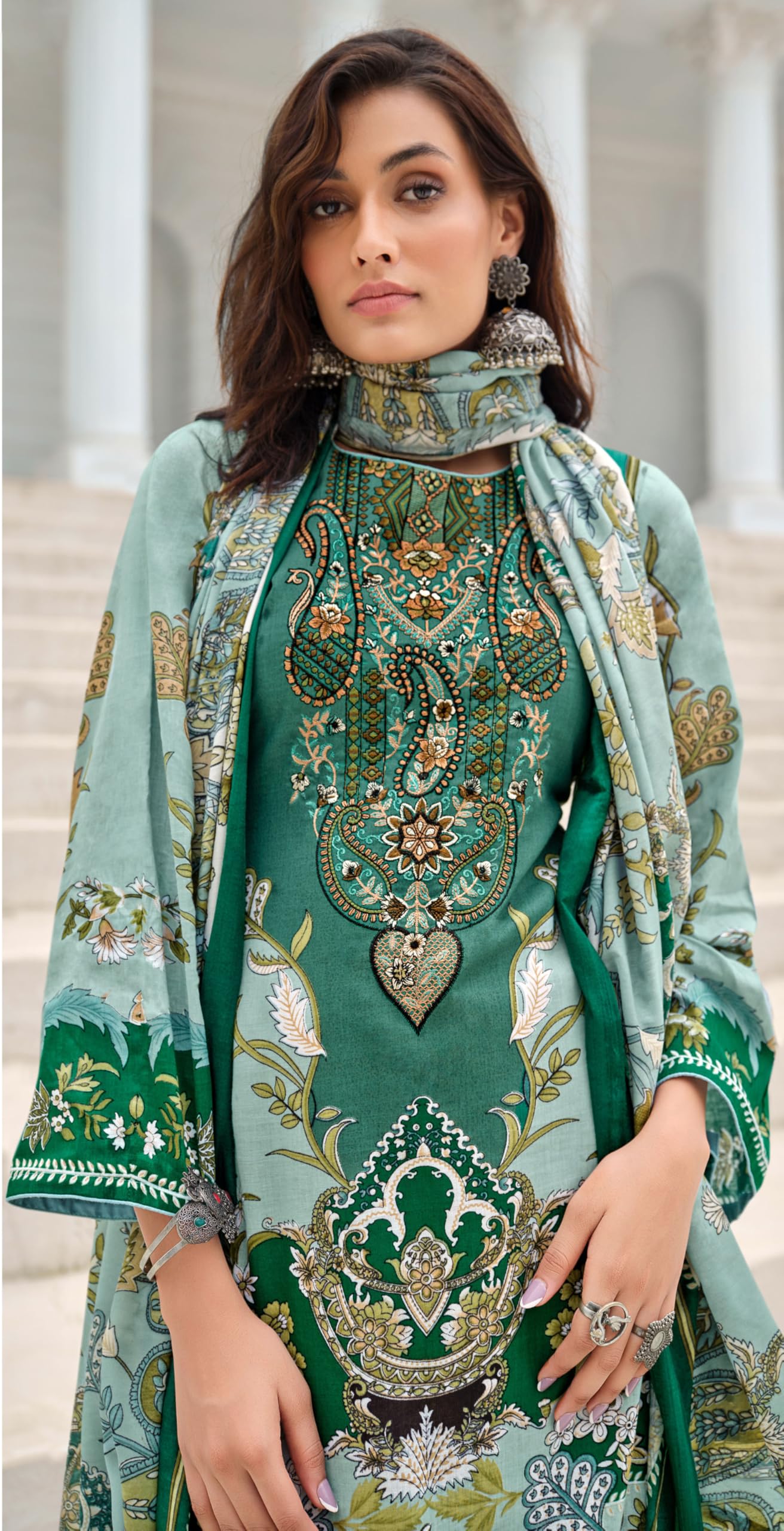 DRAVINAM Trends Women's Lawn Cotton Pakistani Embroidered Suit Dress Material with Unstitched Bottoms and Cotton Dupatta