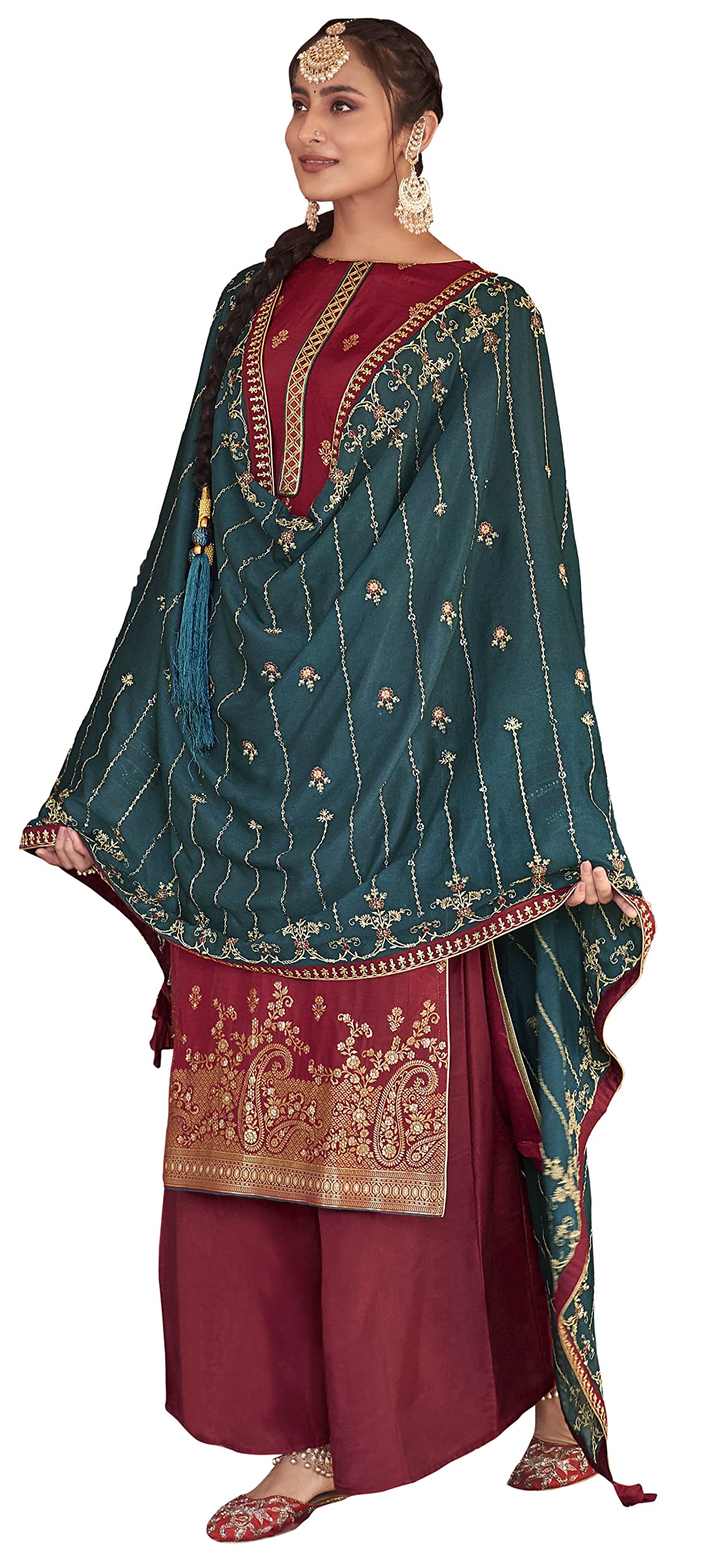 DRAVINAM Trends Women's Pure Banarasi Silk Jacquard Sequence embroidered Unstitched Salwar Suit Dress material with Chinon Silk Sequence and Embroidered Heavy Dupatta (Free size_Blue)