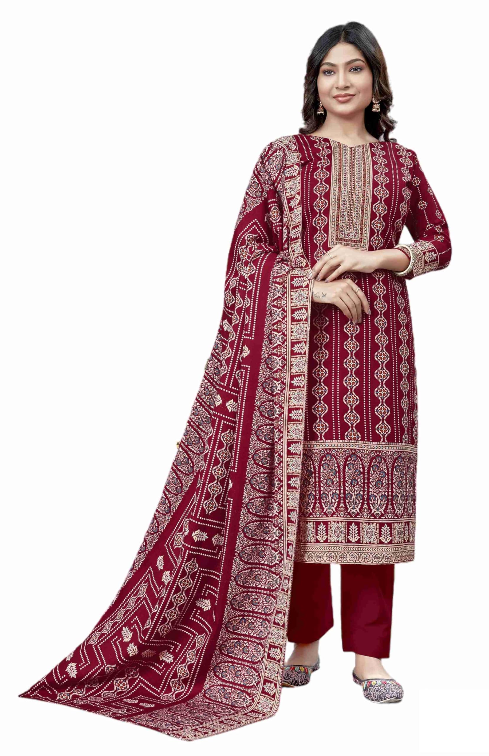 DRAVINAM Trends Heavy Pashmina Spun Digital Style Kani Kashmiri Printed Unstitched Salwar Suit for Women with Siroski Work and Printed Pashmina Shawl Dupatta