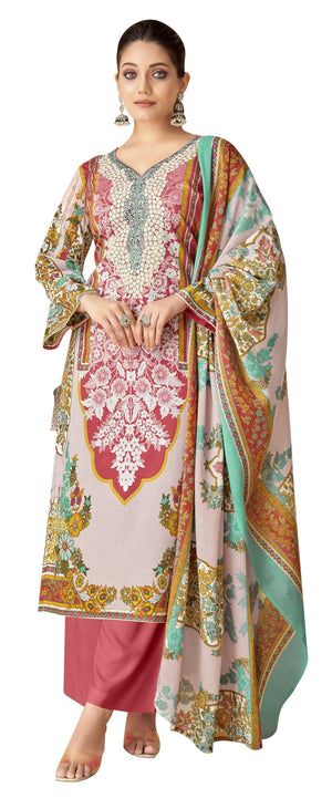 DRAVINAM Trends Women's Pakistani Digital Print Embroidered Unstitcehd Pure Cambric Cotton Salwar Suit Dress Materials with Cotton Printed Dupatta