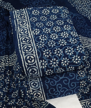 DRAVINAM Trends Hand Block Dabu Print Indigo Cambric Unstitched Cotton Suit Dress Material for Women with Mulmul Cotton Hand Printed Dupatta