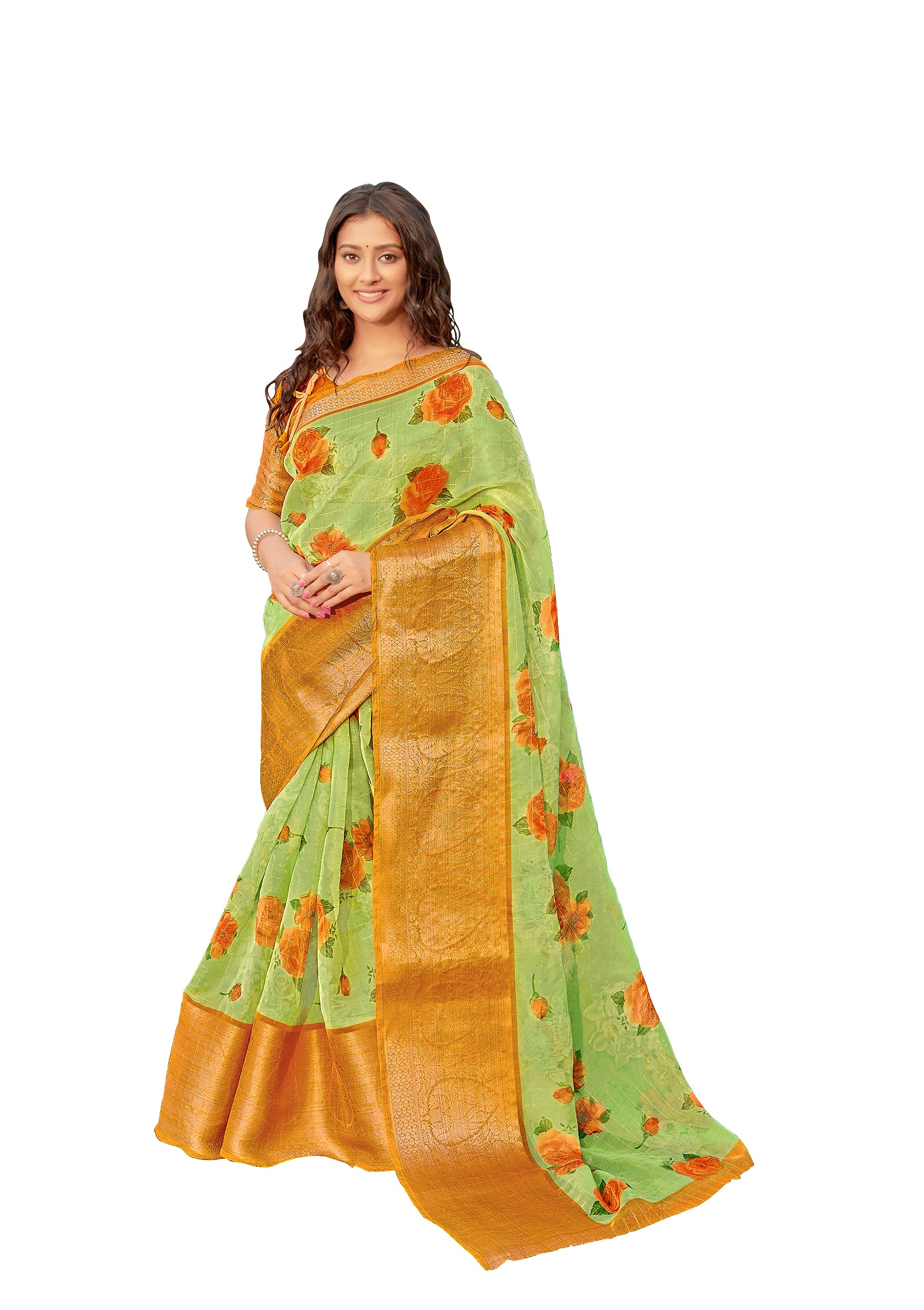 DRAVINAM Trends Women's Jacquard Organza Saree With Blouse Piece (Org_7a_Light Green)