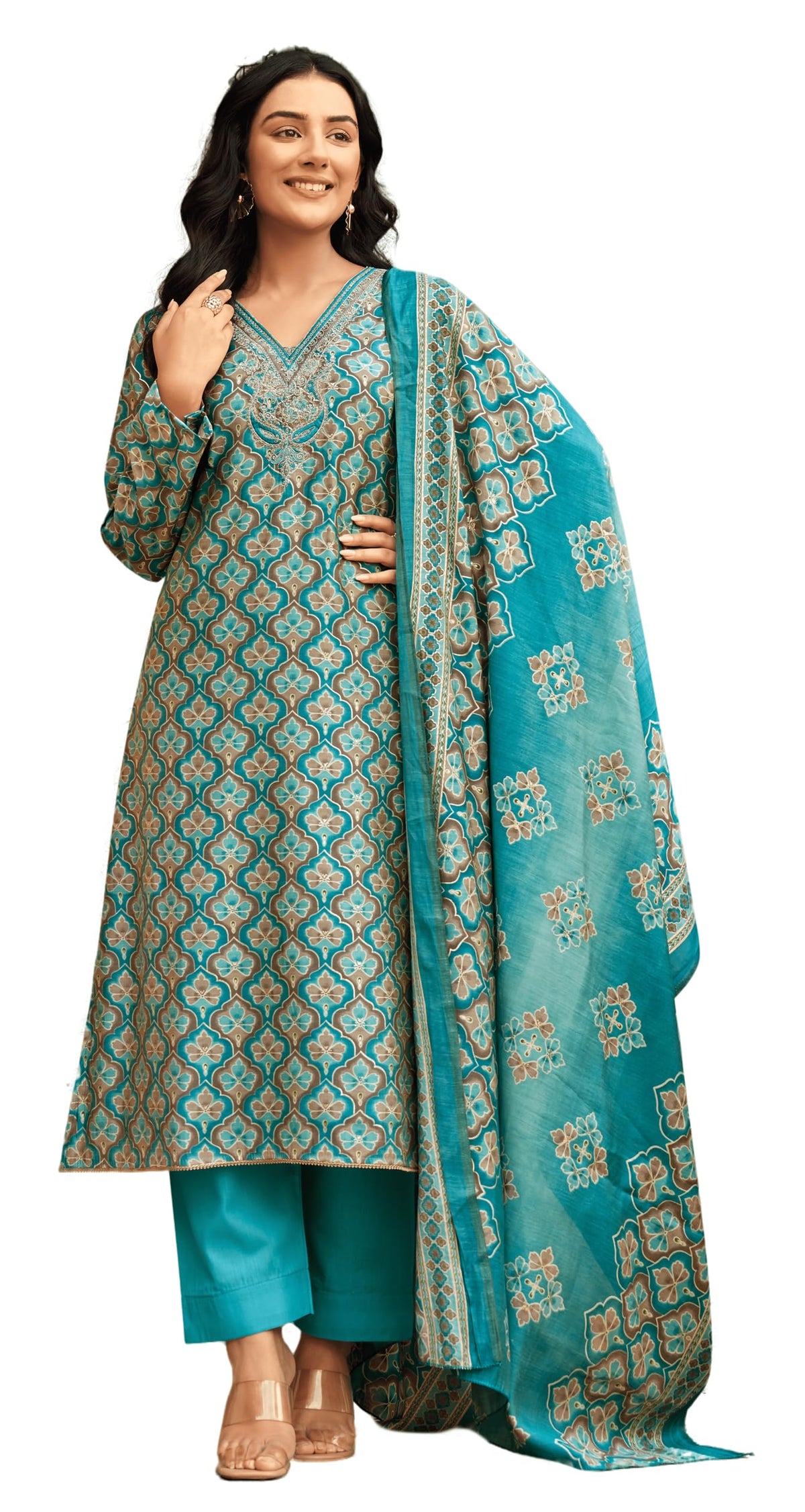 DRAVINAM Trends Women's Unstitched Salwar Suit Dress Material Modal Silk Discharge Foil Print Cording Embroidered Kameez Plain Unstitched Bottoms and Modal Silk Discharge Foil Print Dupatta