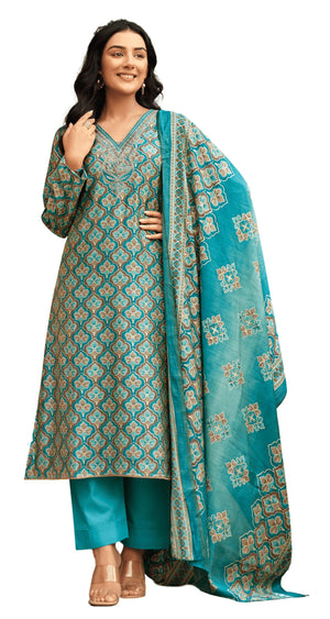DRAVINAM Trends Women's Unstitched Salwar Suit Dress Material Modal Silk Discharge Foil Print Cording Embroidered Kameez Plain Unstitched Bottoms and Modal Silk Discharge Foil Print Dupatta