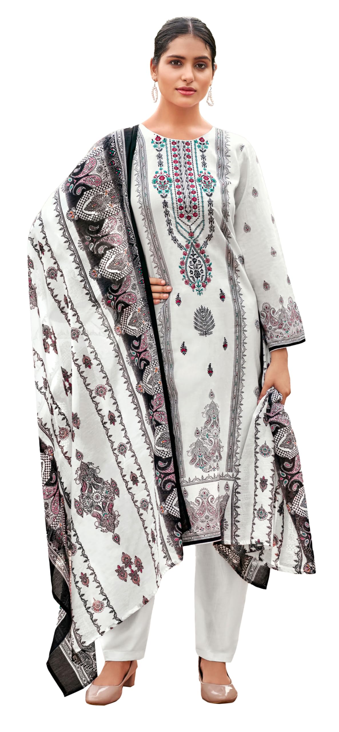 DRAVINAM Trends Women's Pakistani Print Embroidered Unstitcehd Pure Cambric Cotton Salwar Suit Dress Materials with Pure Cotton Printed Dupatta