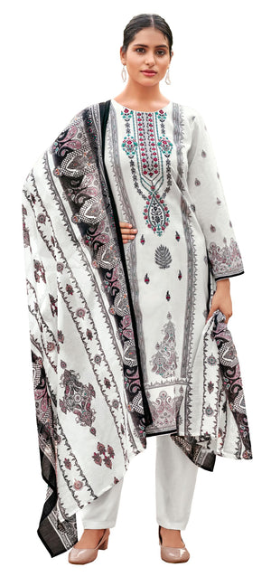 DRAVINAM Trends Women's Pakistani Print Embroidered Unstitcehd Pure Cambric Cotton Salwar Suit Dress Materials with Pure Cotton Printed Dupatta
